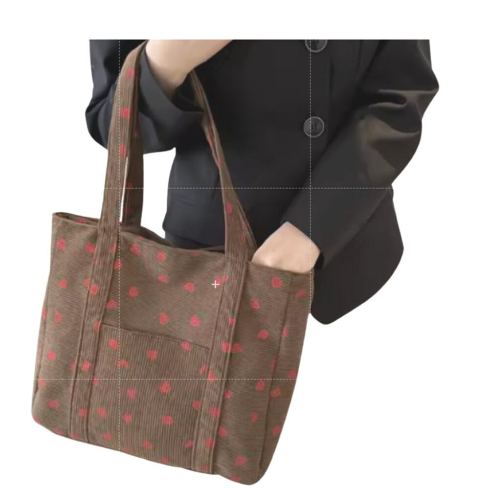 Corduroy Strawberry Print Tote Bag Brown Kawaii Picniccore Y2K NWT